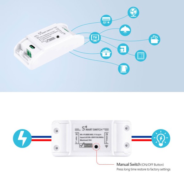 Смарт превключвател No brand PST-WF-S1, 1 канал, 220V, 10A, Wi-Fi, Tuya Smart, Бял - 91019