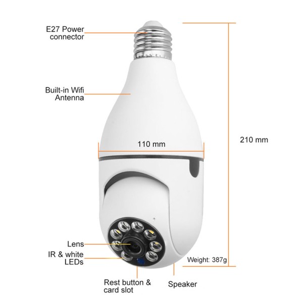 Смарт охранителна камера No brand PST-F1-3MP, 3.0Mp, PTZ, За фасунга E27, Wi-Fi, Tuya Smart, Бял - 91029