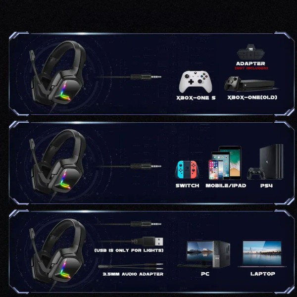 Слушалки Onikuma K20, За компютър, Микрофон, Подсветка, 3.5mm, USB, Черен - 20777
