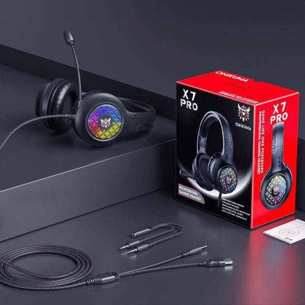Слушалки Onikuma X7 Pro, За компютър, Микрофон, Подсветка, 3.5mm, USB, Черен - 20774