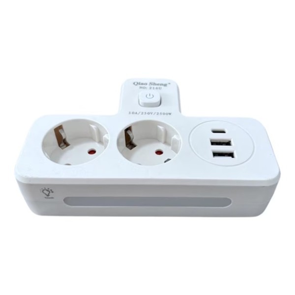 Щепсел 2500W с 2 гнезда, 2 x USB, 1 x USB-C FastCharge 20W
