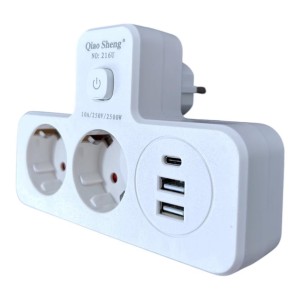Щепсел 2500W с 2 гнезда, 2 x USB, 1 x USB-C FastCharge 20W