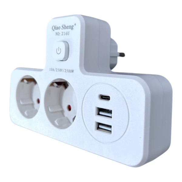 Щепсел 2500W с 2 гнезда, 2 x USB, 1 x USB-C FastCharge 20W