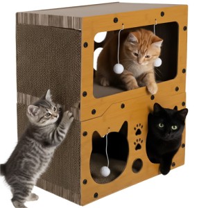 Драскалка за котки двуетажна къща легло с играчки неплъзгащо..