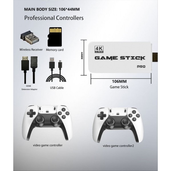 Безжична ретро конзола Game Stick PRO 30 000 видео игри, 64 GB, 2x безжичен контролер 4K Ultra Game