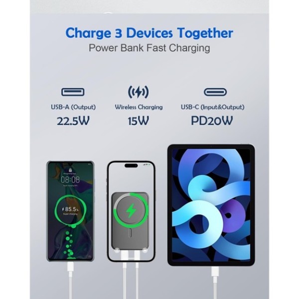 Външна батерия 5000 mAh 22.5W Безжична Черна
