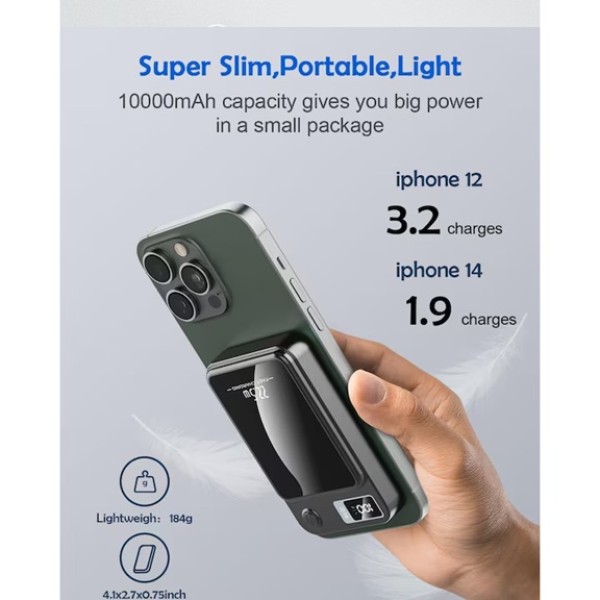 Външна батерия 5000 mAh 22.5W Безжична Черна