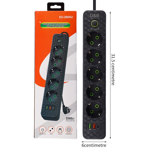 Разклонител 5 гнезда 2 USB и 1 type за захранване