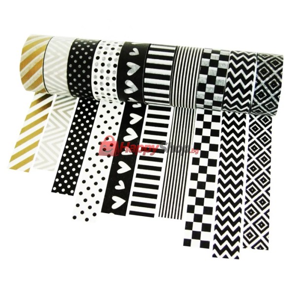 Декоративно тиксо WASHI TAPE - 8 бр. черно-бели + 2 металик