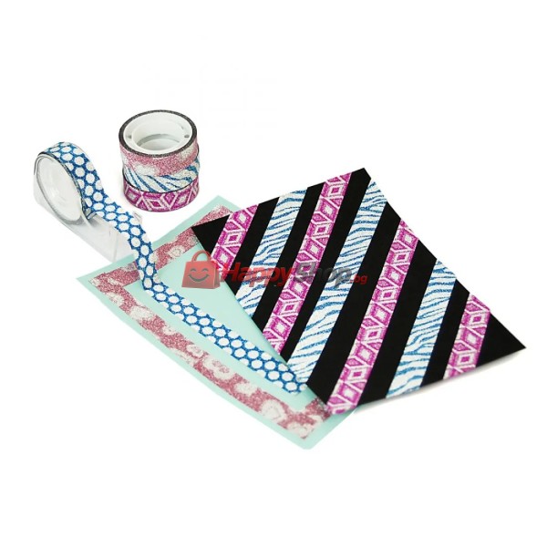 Блестящо декоративно тиксо WASHi TAPE - 4 бр. + държач