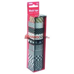 Декоративно тиксо WASHI TAPE - 8 бр. черно-бели + 2 металик