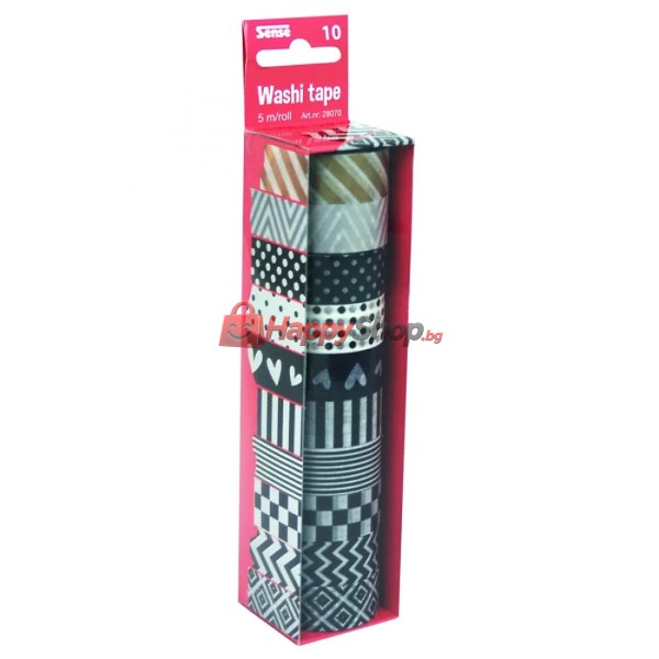 Декоративно тиксо WASHI TAPE - 8 бр. черно-бели + 2 металик