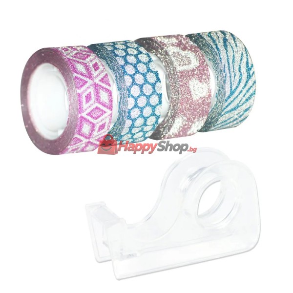 Блестящо декоративно тиксо WASHi TAPE - 4 бр. + държач