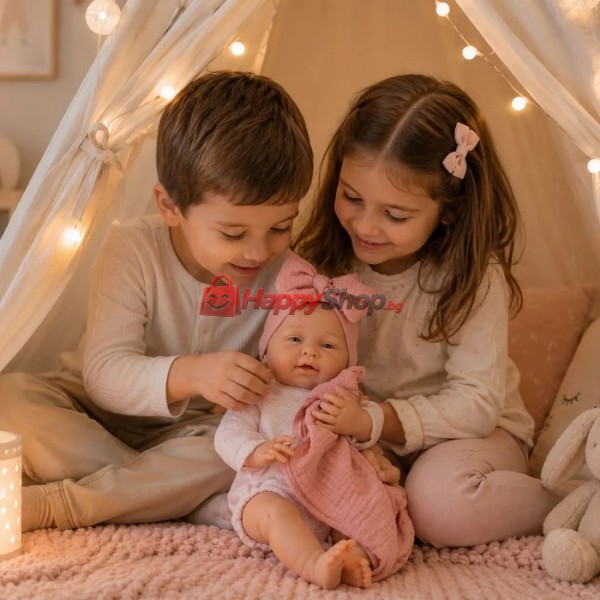 Кукла бебе Мати с розово плетено гащеризонче и одеялце., 40 см