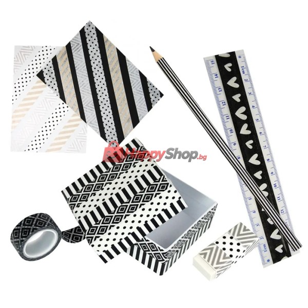 Декоративно тиксо WASHI TAPE - 8 бр. черно-бели + 2 металик