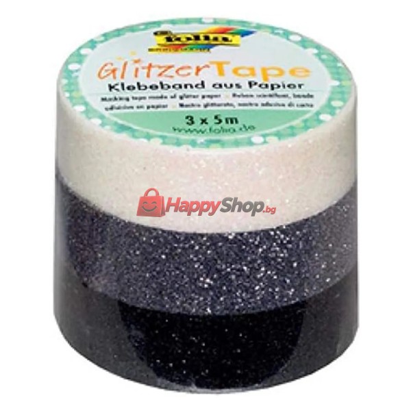 Блестящо декоративно тиксо WASHI TAPE, бяло, сиво, черно, 3 броя, 5 м x 15 мм