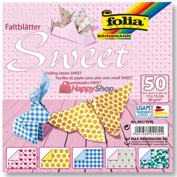 Блокче цветни хартии за оригами SWEET, 50 листа, 15 х 15 см