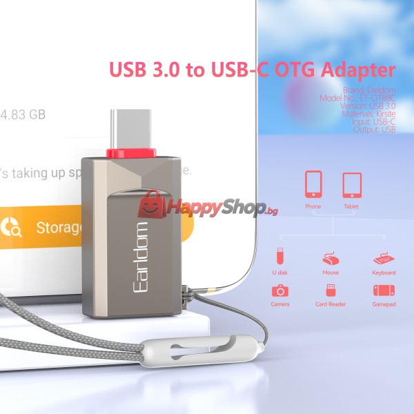 Преходник Earldom ET-OT88C, USB3.0 към Type-C, OTG, Сив - 40360
