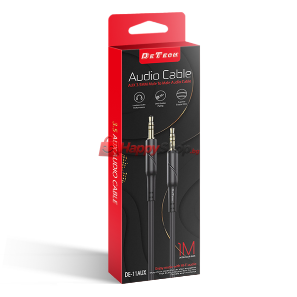 Аудио кабел DeTech DE-11AUX, 3.5mm жак, М/М, 1.0м, Черен - 40277