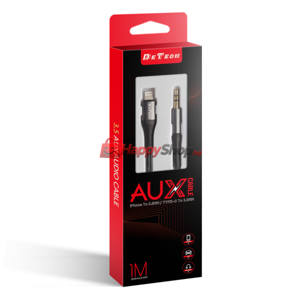 Аудио кабел DeTech DE-42iA, 3.5mm към Lightning, 1.0м, Черен - 40257