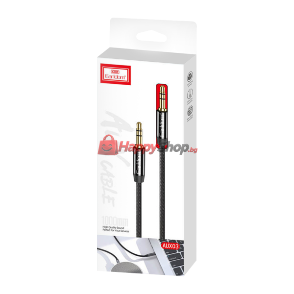 Аудио кабел Earldom ET-AUX03, 3.5mm жак, М/М, 1.0м, Черен - 40225