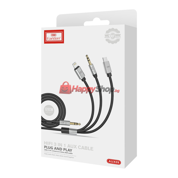 Аудио кабел Earldom ET-AUX09, 3.5mm към Lightning, Type-C, 3.5mm, 3в1, 1.2м, Черен - 40219