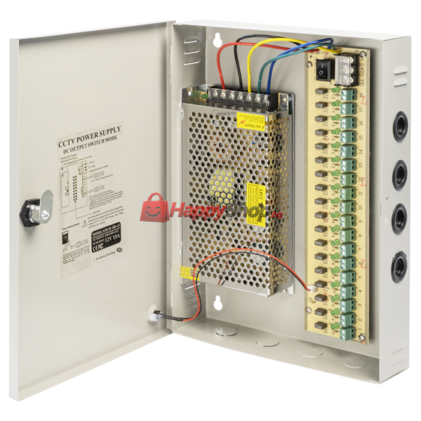 Импулсен захранващ блок , 12V/15A, 18 Изхода, Метална кутия, Сив - 346