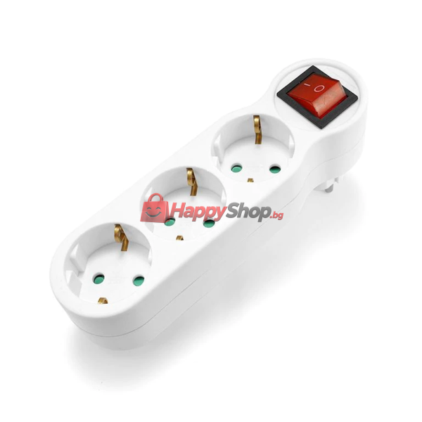 Разклонител , 3 Гнезда, 220V, С ключ, Без кабел, Бял - 17709