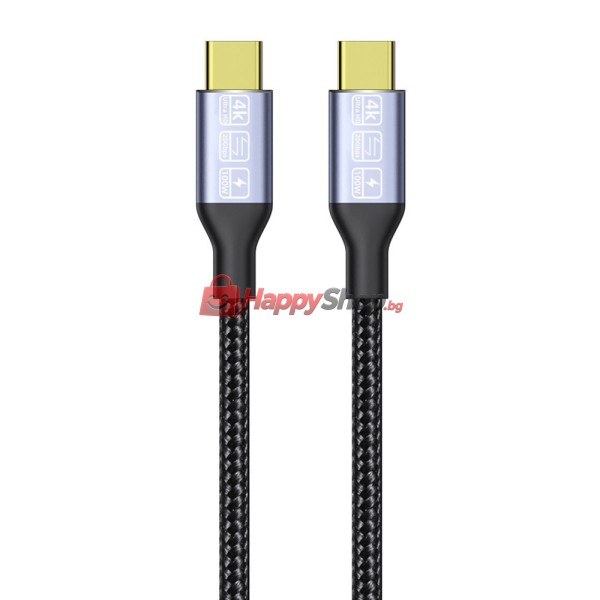 Кабел DeTech, Type-C - Type-C, 100W, 4K, 20GB/s, PD, 2.0m, Черен - 18383