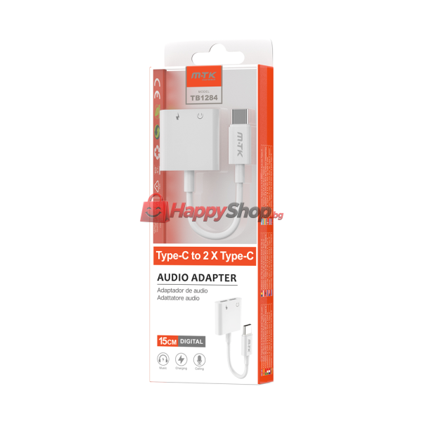 Преходник Moveteck TB1284, Type-C към 2 x Type-C F, 0.15m, Бял - 40155