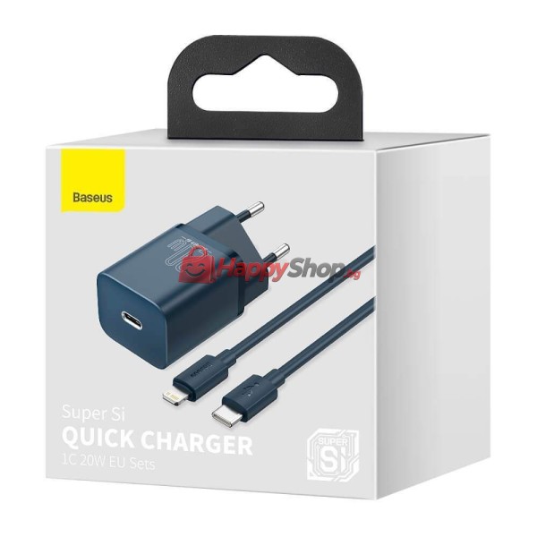 Мрежово зарядно устройство Baseus Super Si, 20W, С Кабел Type-C към Lightning, Син - 40416