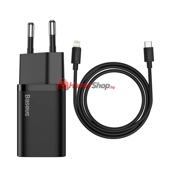 Мрежово зарядно устройство Baseus Super Si, 20W, С Кабел Type-C към Lightning, Черен - 40418