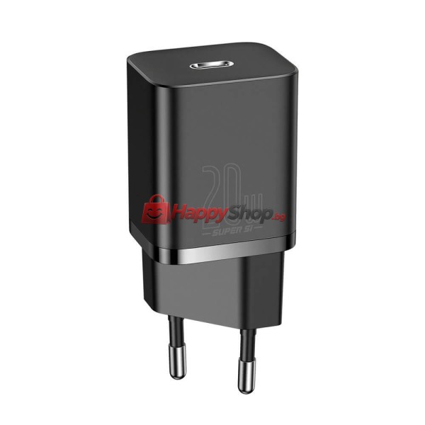 Мрежово зарядно устройство Baseus Super Si, 20W, С Кабел Type-C към Lightning, Черен - 40418