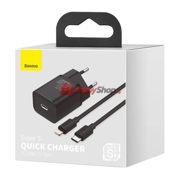 Мрежово зарядно устройство Baseus Super Si, 20W, С Кабел Type-C към Lightning, Черен - 40418