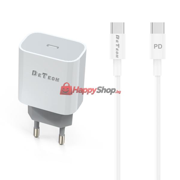Мрежово зарядно устройство DeTech DE-30PD, 5V/3.0A 220V, 1 x Type-C F, PD, С Type-C кабел, Бял - 40115