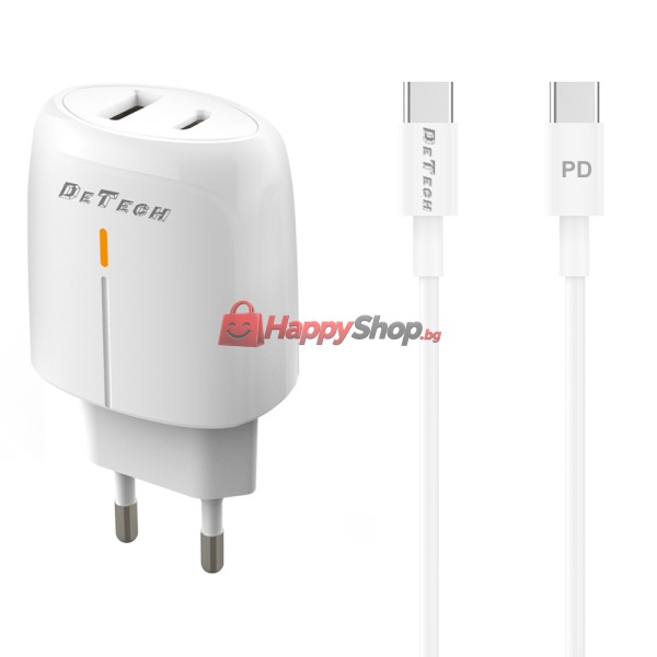 Мрежово зарядно устройство DeTech DE-31PDC, 20W, С PD Type-C кабел, 1 x Type-C F, 1 x USB F, PD, QC, Бял - 40322
