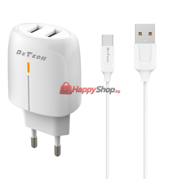 Мрежово зарядно устройство DeTech DE-32QCC, 18W, С Type-C кабел, 2 x USB F, QC, Бял - 40327