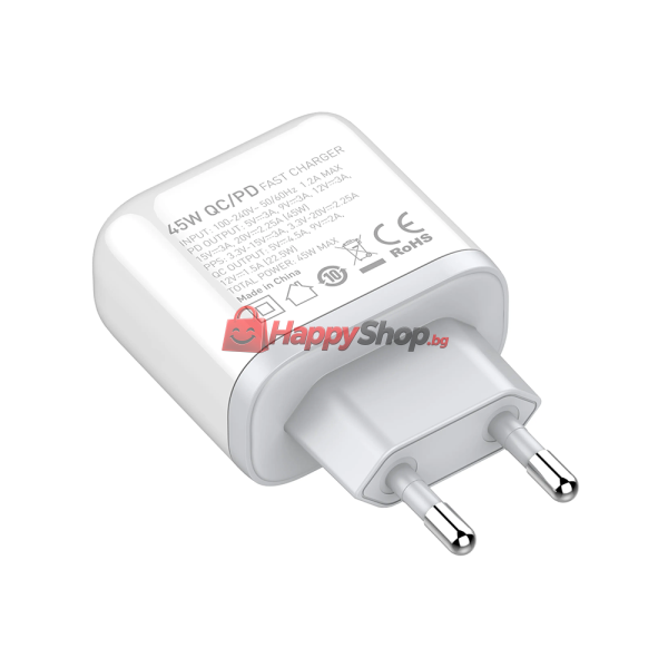 Мрежово зарядно устройство LDNIO A2526C, 45W, 1 x Type-C F, 1 x USB F, PD, QC, PPS, С Lightning кабел , Бял - 40285