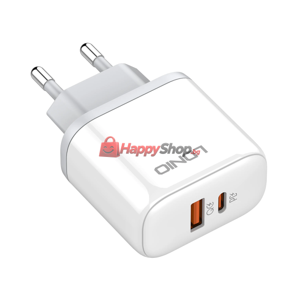 Мрежово зарядно устройство LDNIO A2526C, 45W, 1 x Type-C F, 1 x USB F, PD, QC, PPS, С Lightning кабел , Бял - 40285