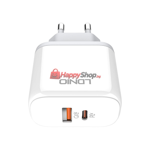 Мрежово зарядно устройство LDNIO A2526C, 45W, 1 x Type-C F, 1 x USB F, PD, QC, PPS, С Lightning кабел , Бял - 40285