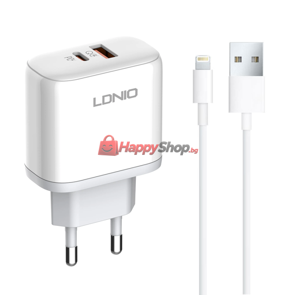 Мрежово зарядно устройство LDNIO A2526C, 45W, 1 x Type-C F, 1 x USB F, PD, QC, PPS, С Lightning кабел , Бял - 40285