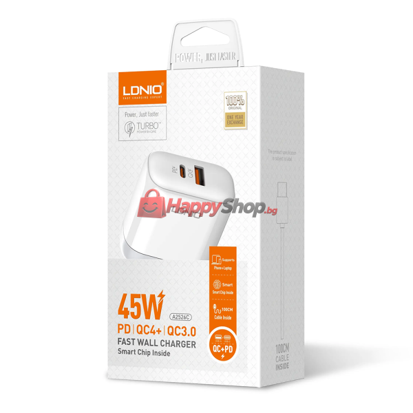 Мрежово зарядно устройство LDNIO A2526C, 45W, 1 x Type-C F, 1 x USB F, PD, QC, PPS, С Lightning кабел , Бял - 40285