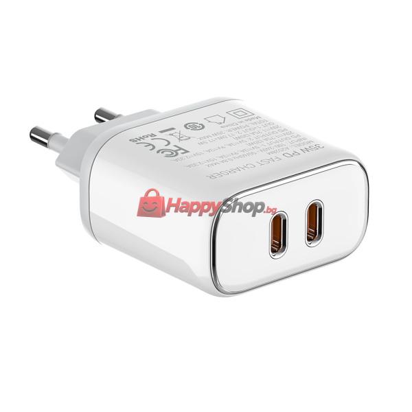 Мрежово зарядно устройство LDNIO A2528M, MFi, 35W, 2 x Type-C F, PD, С Кабел Type-C към Lightning, Бял - 40280