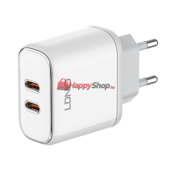 Мрежово зарядно устройство LDNIO A2528M, MFi, 35W, 2 x Type-C F, PD, С Кабел Type-C към Lightning, Бял - 40280