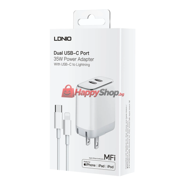 Мрежово зарядно устройство LDNIO A2528M, MFi, 35W, 2 x Type-C F, PD, С Кабел Type-C към Lightning, Бял - 40280