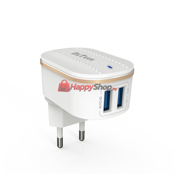 Мрежово зарядно устройство DeTech DE-15i, 5V/3.1A, 220V, 2 x USB, С Lightning кабел, 1.0m, Бял - 40097