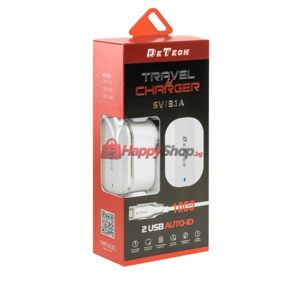 Мрежово зарядно устройство DeTech DE-15i, 5V/3.1A, 220V, 2 x USB, С Lightning кабел, 1.0m, Бял - 40097