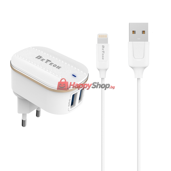 Мрежово зарядно устройство DeTech DE-15i, 5V/3.1A, 220V, 2 x USB, С Lightning кабел, 1.0m, Бял - 40097