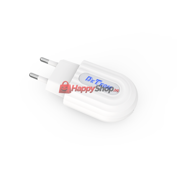 Мрежово зарядно устройство DeTech DE-28i, 5V/2.1A, 220V,1 x USB, С Lightning кабел, 1.0m, Бял - 14134