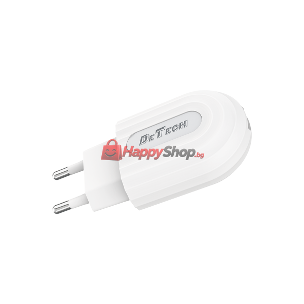 Мрежово зарядно устройство DeTech DE-28i, 5V/2.1A, 220V,1 x USB, С Lightning кабел, 1.0m, Бял - 14134